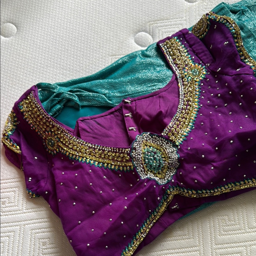 Purple and Teal Embellished Indian Sari with petticoat